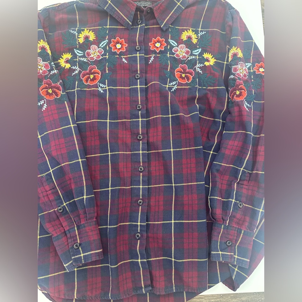 Topshop Red and Blue Plaid Shirt with Floral Embroidery women’s large